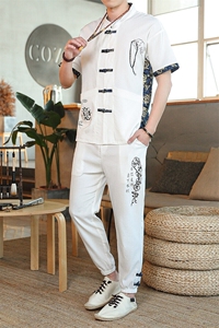 夏季套装风男刺绣棉麻复古宽松大码汉服图片