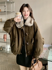 复古毛领派克羽绒服女冬短款小个子牛角扣加厚白鸭绒内胆毛呢外套，女装羽绒服，艾米莉亚