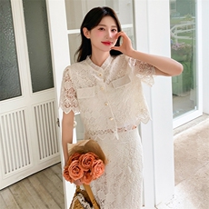 两件套装裙连衣裙女夏季2025年新款小香风高级感短袖蕾丝半身裙子，女装套装/套裙，小九月