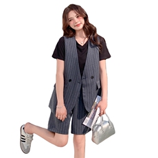 灰色竖条纹西装马甲短裤套装女2025夏新款盐系休闲短袖T恤两件套，女装套装/套裙，2C085