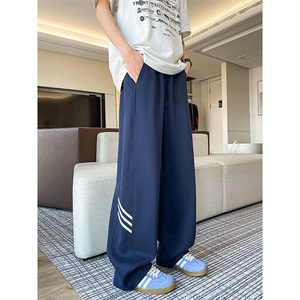 8XL-M重磅条纹运动卫裤特大码阔腿直筒长裤三条杠休闲裤KZ1946P55图片