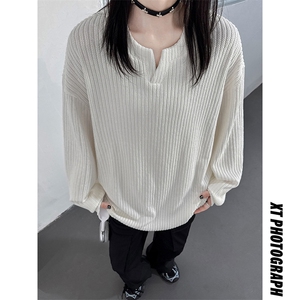 主推 慵懒风肌理感小v领长袖T恤提花休闲卫衣宽松中性上衣H991P38图片
