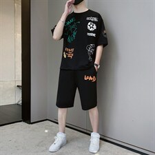夏季潮流时尚T恤男装青少年宽松休闲圆领套装两件套F307P58图片