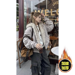 现货高品质美式高街冬季重磅硬挺短款座山雕毛领棉衣男女加厚外套图片