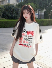 抖音得物高品质二开240克宽松纯棉美式潮牌三条杠织带短袖T恤，男装T恤，电商A486-1