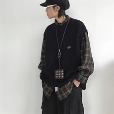 0127-P40日系复古菠萝纹针织背心男女ins秋季宽松潮流情侣无袖，男装背心/马甲，电商B323A