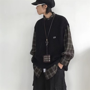 0127-P40 日系复古菠萝纹针织背心男女ins秋季宽松潮流情侣无袖图片