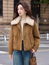 现货2025年冬季新款麂皮绒加棉棉衣羊羔毛毛领时尚棉衣，女装棉衣/棉服，悦祺