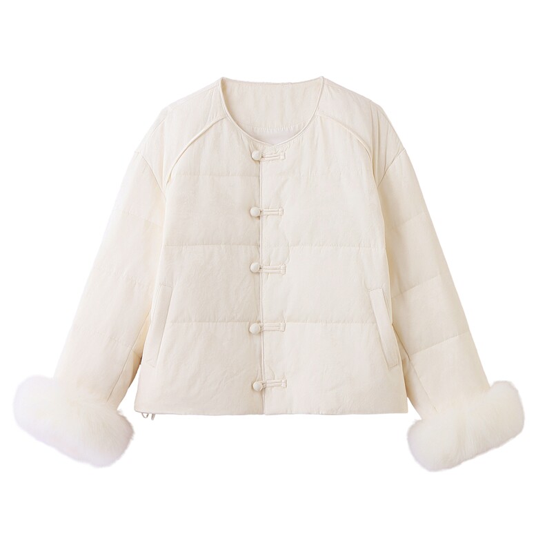 2025冬新款90白鸭绒新中式配真狐狸毛毛袖短款羽绒服外套,女装羽绒服,瑶迪依秀