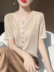春秋短袖高档新款简约四扣半开圆领薄款打底衫女t恤针织上衣，女装针织衫/毛衣，绒宛羊绒