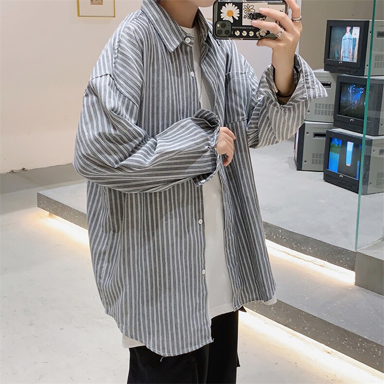 秋季新款港风休闲宽松衬衣 外穿条纹百搭长袖衬衫男 CS23/图片