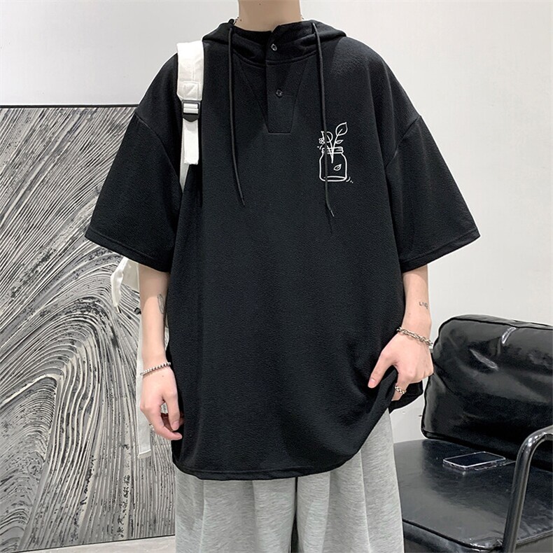 LD5430-P45连帽短袖t恤男大码胖子带帽五分袖中袖,男装T恤,电商A040