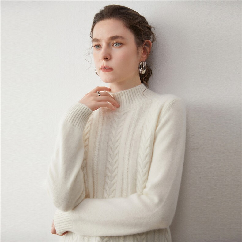 2025年秋季新款百搭女士麻花半高领加厚保暖套头衫，女装羊绒衫，蒂暖羊绒