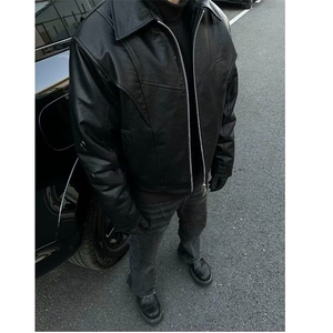 黑色高级感座山雕翻领皮衣夹克男款潮流街头痞帅短款休闲机车外套图片