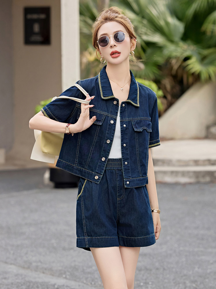 牛仔短裤套装女2025夏新款小个子韩系高级松弛感超火减龄休闲穿搭,女装套装/套裙,意芙