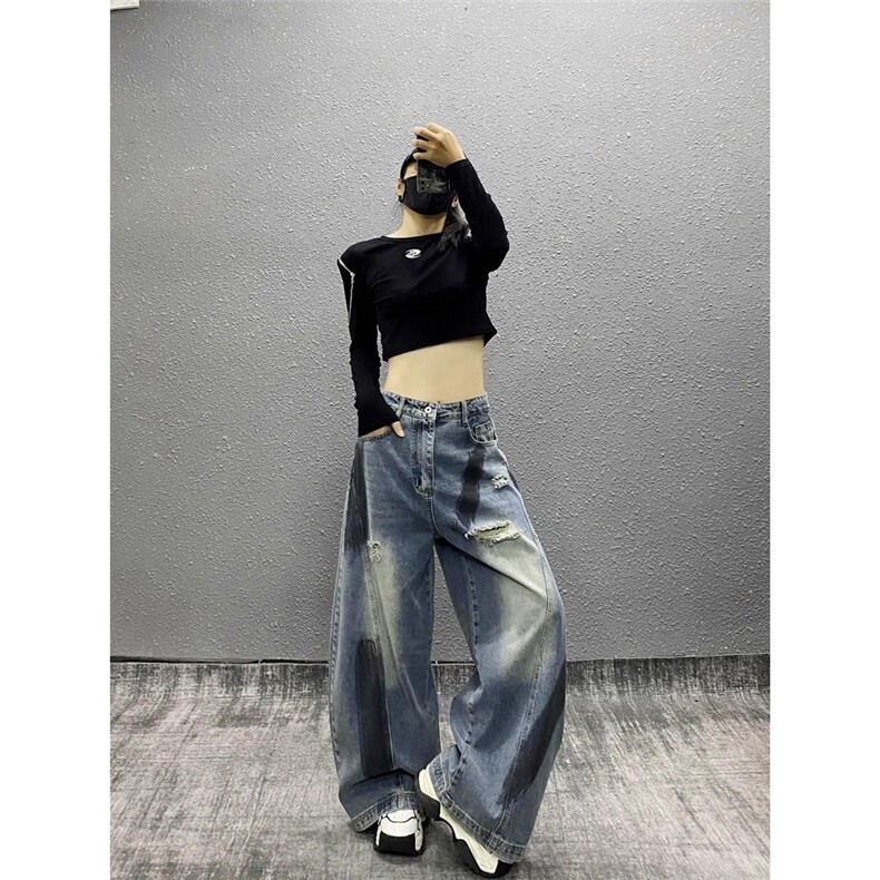 美式辣妹弯刀阔腿拼接解构破洞喷绘做旧牛仔裤女复古宽松垂感长裤,男装牛仔裤,星座506A