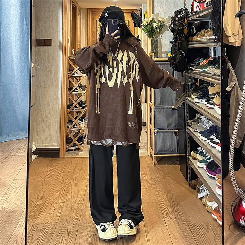美式复古小众破洞毛衣外套男女ins潮宽松街头针织衫MY0554-P48,男装针织衫/毛衣,星座308B-1