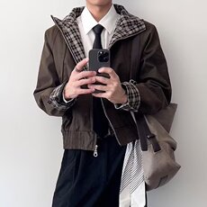 格纹拼接夹克外套女秋季美式复古宽松百搭男立领上衣潮JK0759-P65，男装夹克，星座308B-2