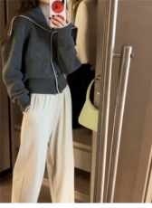 秋冬季新款宽松舒适简约女纯毛拼色海军领针织衫，女装羊毛衫，恒恩羊绒