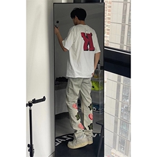 B221美式ins高街暗黑小众情侣毛巾绣直筒牛仔裤LK23021-P65控88，男装牛仔裤，电商B221