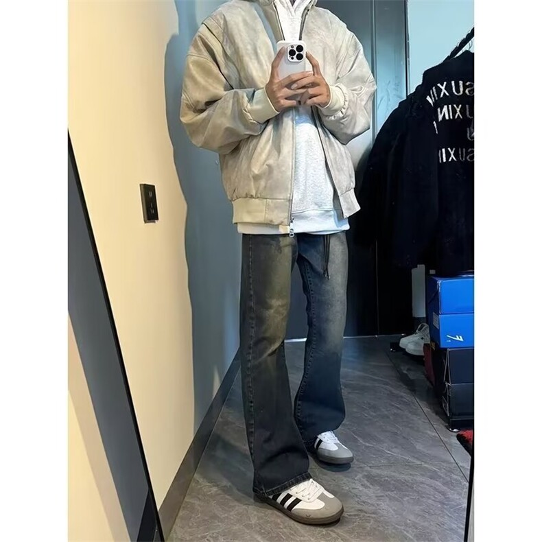 美式复古蓝做旧微喇牛仔裤男女2026新款显瘦显高百搭直筒裤图片