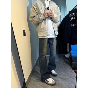 美式复古蓝做旧微喇牛仔裤男女2026新款显瘦显高百搭直筒裤图片