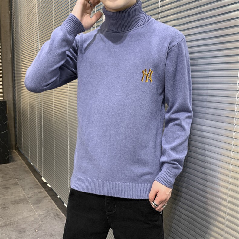 秋冬可翻高领毛衣男NY纯色长袖男刺绣毛衫打底针织衫蓝M251P33图片