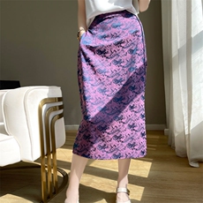 夏季新款醋酸真丝缎面半身裙女宽松百搭裙子提花外搭休闲开叉裙，女装半身裙，羊特美羊绒