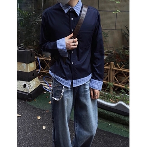 现货蓝色格子拼接翻领长袖上衣情侣款男女假两件衬衫 CX03-TP45图片