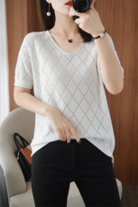 2025夏季新款减龄百搭全身菱形格短袖，女装T恤，秋虹羊绒