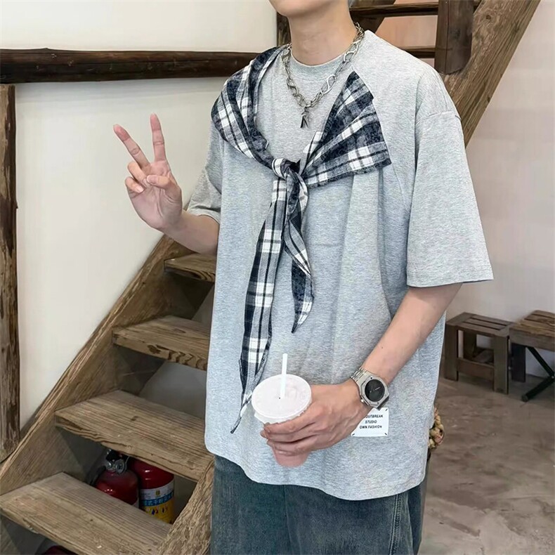 拼接格子布装饰高品质260克双纱纯棉美式高街短袖T恤特P35,男装T恤,电商A486