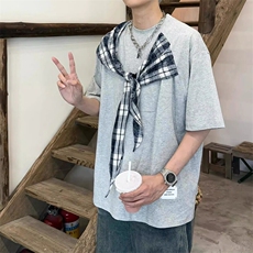 拼接格子布装饰高品质260克双纱纯棉美式高街短袖T恤特P35，男装T恤，电商A486