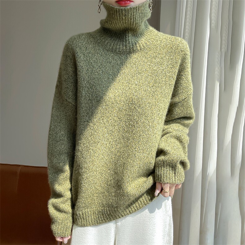 2025春秋新款蚕丝羊绒衫女保暖高翻领通勤针织衫简约纯色套头上衣图片