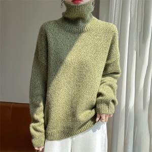 2025春秋新款蚕丝羊绒衫女保暖高翻领通勤针织衫简约纯色套头上衣图片