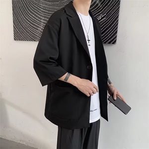 春秋季七分袖西服男休闲韩版中袖小西装潮流薄款短袖外套修身图片