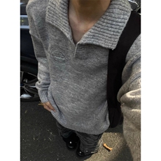 灰色慵懒风v领毛衣男女冬季美式复古polo领针织衫翻领内搭打底衫，男装T恤，星座506A