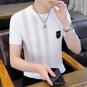 7934-P55 夏季休闲时尚短袖毛衣男打底衫 欧货T恤潮牌针织衫图片