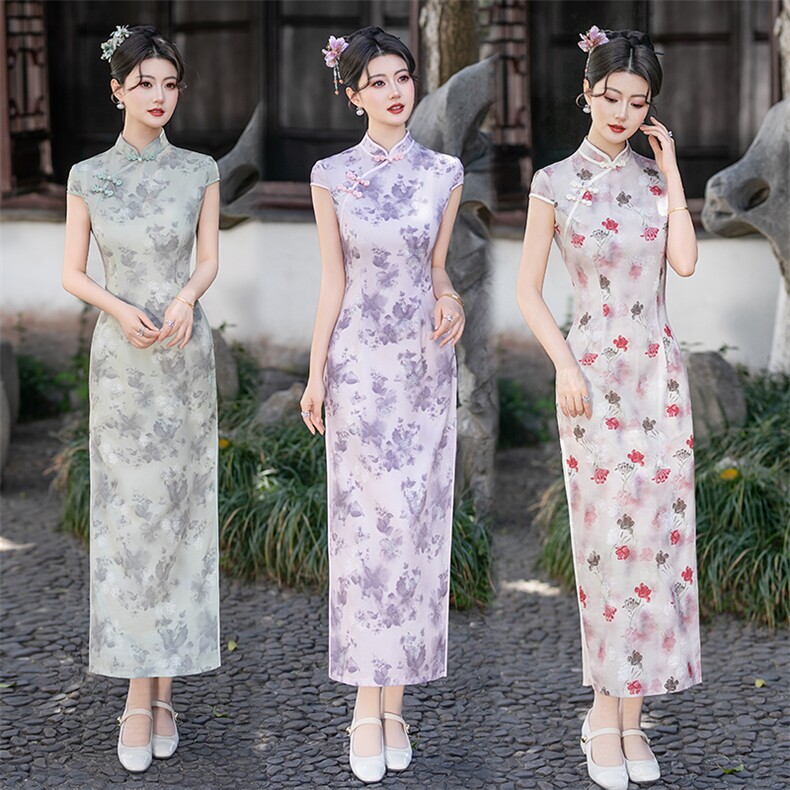 新中式弹力提花洒金立领盘扣旗袍（有弹力）2501P130,女装汉服/婚纱/旗袍/礼服,乐衣轩