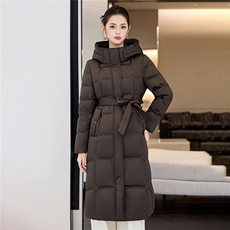 90鸭绒连帽羽绒服女2025冬季新款系带收腰加长款过膝棉袄外套，女装羽绒服，阿舍尔精品
