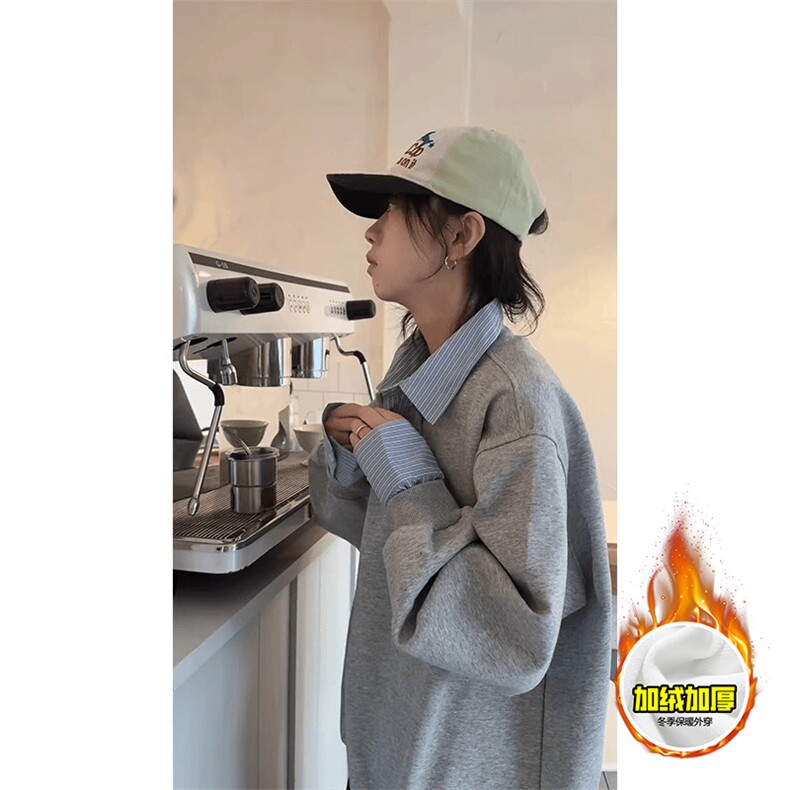 重磅加绒硬挺boxy男女美式高街假两件衬衫领长袖卫衣POLO领打底衫,男装T恤,电商A486-1