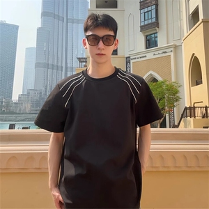 高品质二开240克宽松纯棉美式高街痞帅三杠拉条短袖T恤 特P25图片