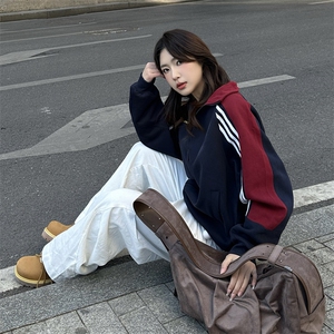 抖音得物高品质26春装美式高街重磅织带拼接撞色立领卫衣外套CM41图片