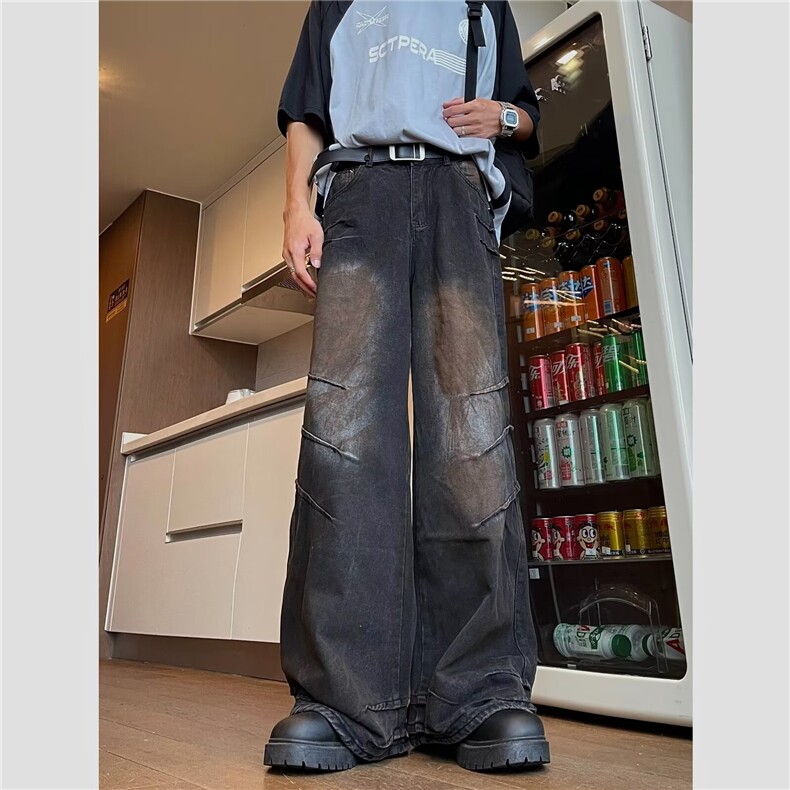 美式复古设计感做旧牛仔裤男高街潮牌vibe宽松直筒长裤66711-p58，男装牛仔裤，星座1008