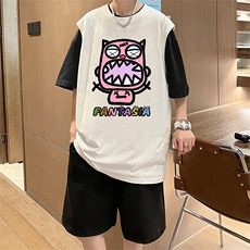 直播品质美式宽松纯棉背心无袖t恤短裤大码两件套套装TZ16-P58，男装T恤，电商A486