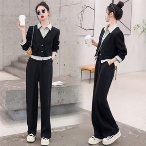 西装套装两件套女2023春季新款时尚韩版小洋气条纹拼接假两件西装图片