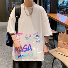 反光太空人短袖T恤男潮牌ins夏季假两件衣服潮流宽松半袖美式复古图片
