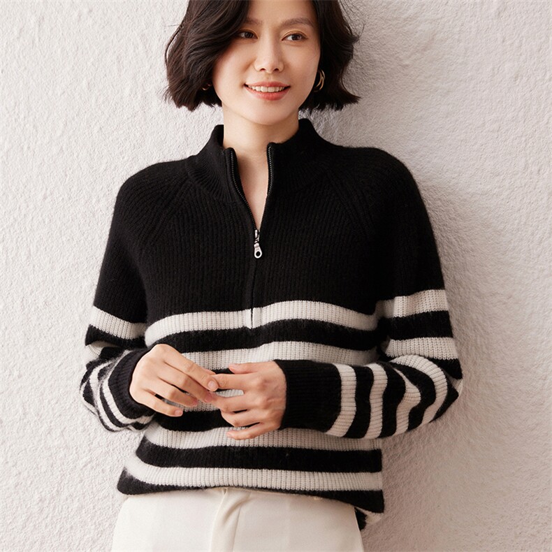 2024秋季新款元宝针半开拉链长袖35%羊绒衫复古休闲,女装羊绒衫,雪真羊绒高端店