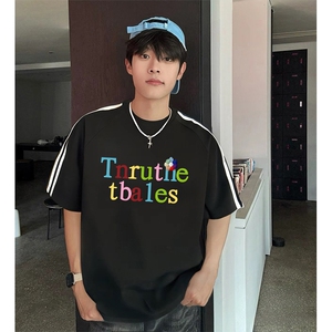 抖音得物高品质二开240克宽松纯棉美式潮牌三条杠织带短袖T恤图片
