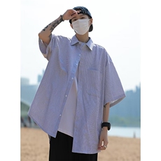 条纹短袖衬衫男夏季新款潮流美式情侣宽松休闲衬衣外套C2018-P30，男装衬衫，星座1008