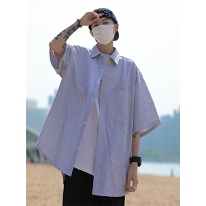 条纹短袖衬衫男夏季新款潮流美式情侣宽松休闲衬衣外套C2018-P30图片